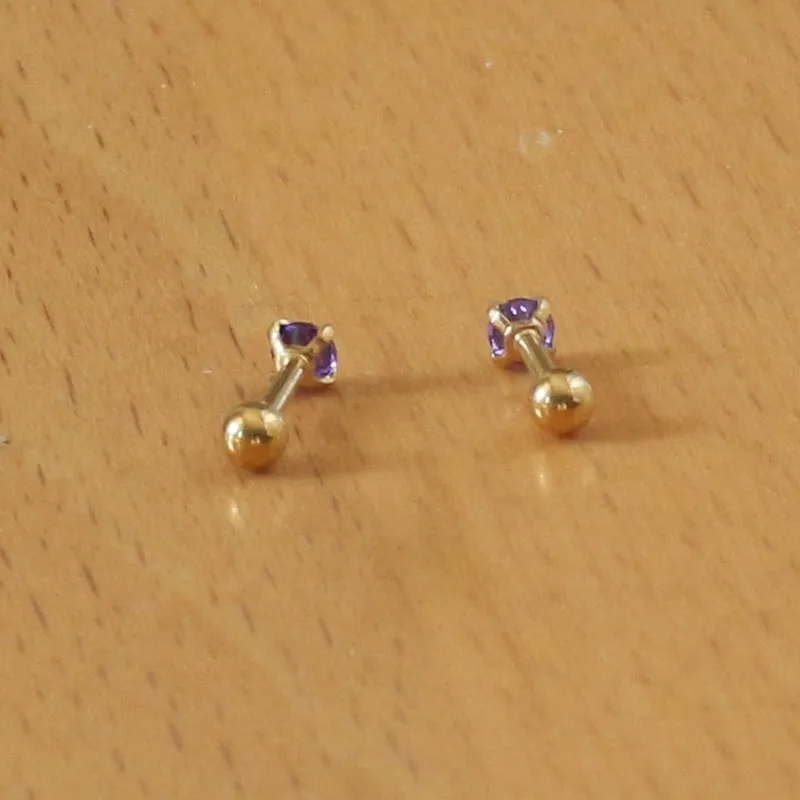 Titanium Gold-color Plated Screw Stud Earrings With Mini 3mm Purple  AAA Zircon 316L Stainless Steel No Fade Allergy