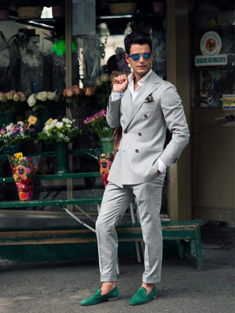 

ANNIEBRITNEY Grey Double Breasted 2 Piece Men Formal Suit High Quality Groom Wedding Tuxedo Prom Wedding Grey Suit With Pants