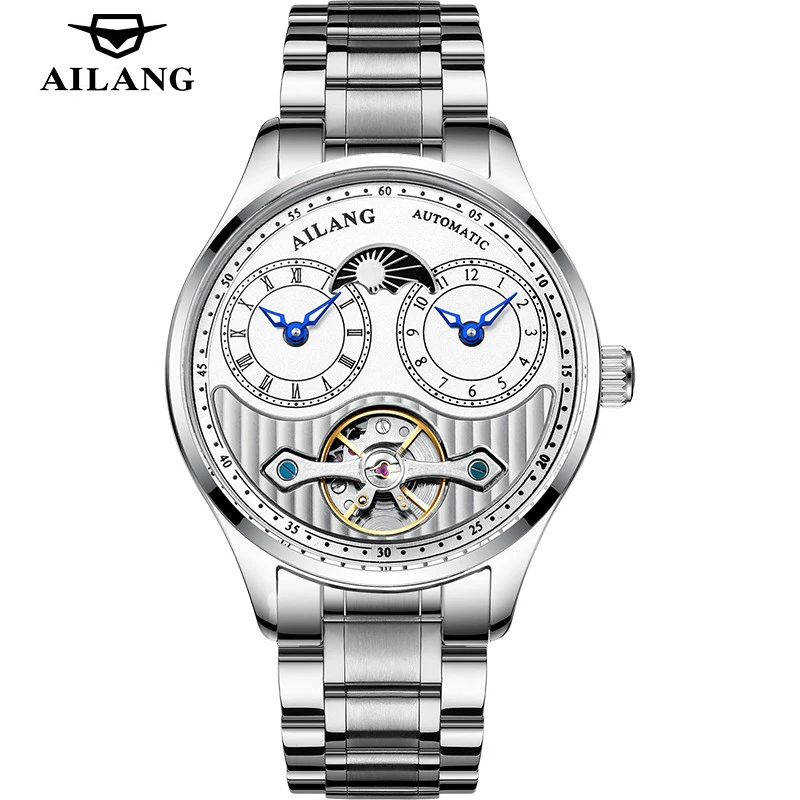 AILANG Original Tourbillon Mechanical Two Time Watches Men\'s Waterproof Watch Luxury Men Automatic Clock Stainless Steel Strap