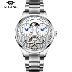 AILANG Original Tourbillon Mechanical Two Time Watches Men's Waterproof Watch Luxury Men Automatic Clock Stainless Steel Strap