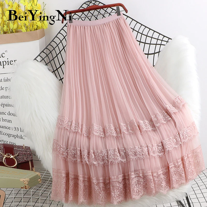 Beiyingni Fashion High Waist Tulle Midi Skirts Woman Lining Mesh Lace Patchwork Kawaii Harajuku Dance Bridesmaids Skirt Women