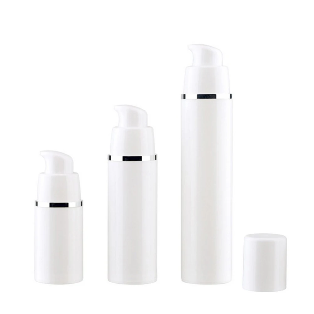 10pcs Pump Bottle Airless Empty Plastic Container White Cosmetic Bottles Cylindrical Refill Tubes Silver Line Cap 15ml 30ml 50ml