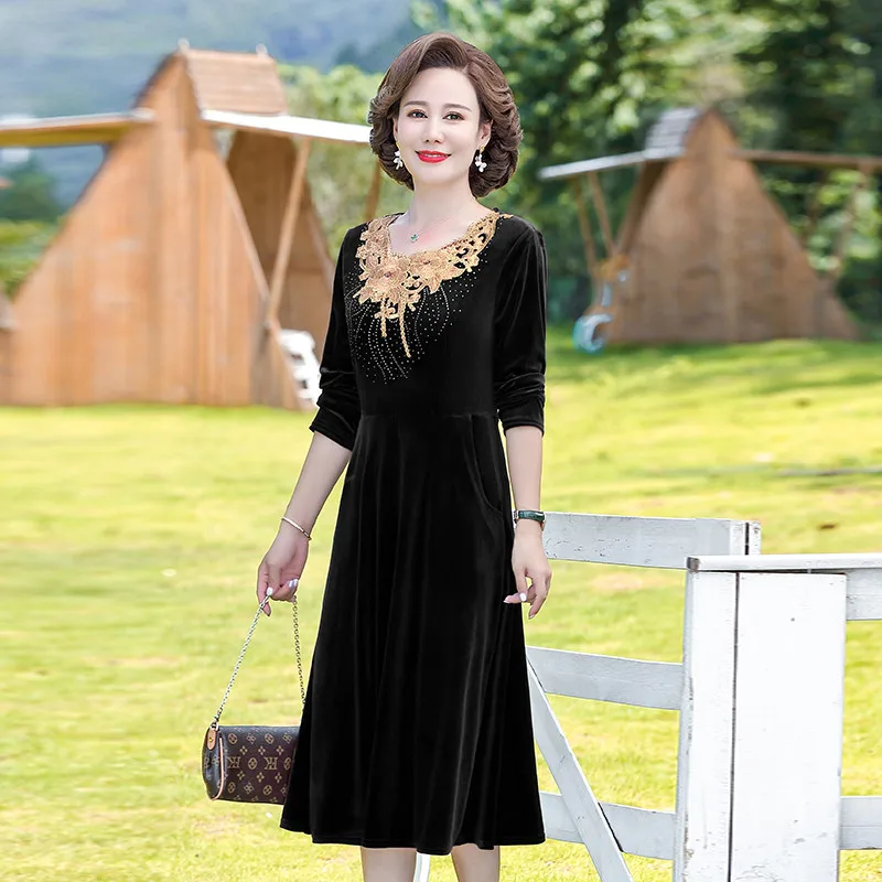 Women's Gold Velvet Dress 2021 Spring Autumn Long-Sleeved Embroidered Dress  Middle Aged Mother Elegant party mid length dress - AliExpress 200000345