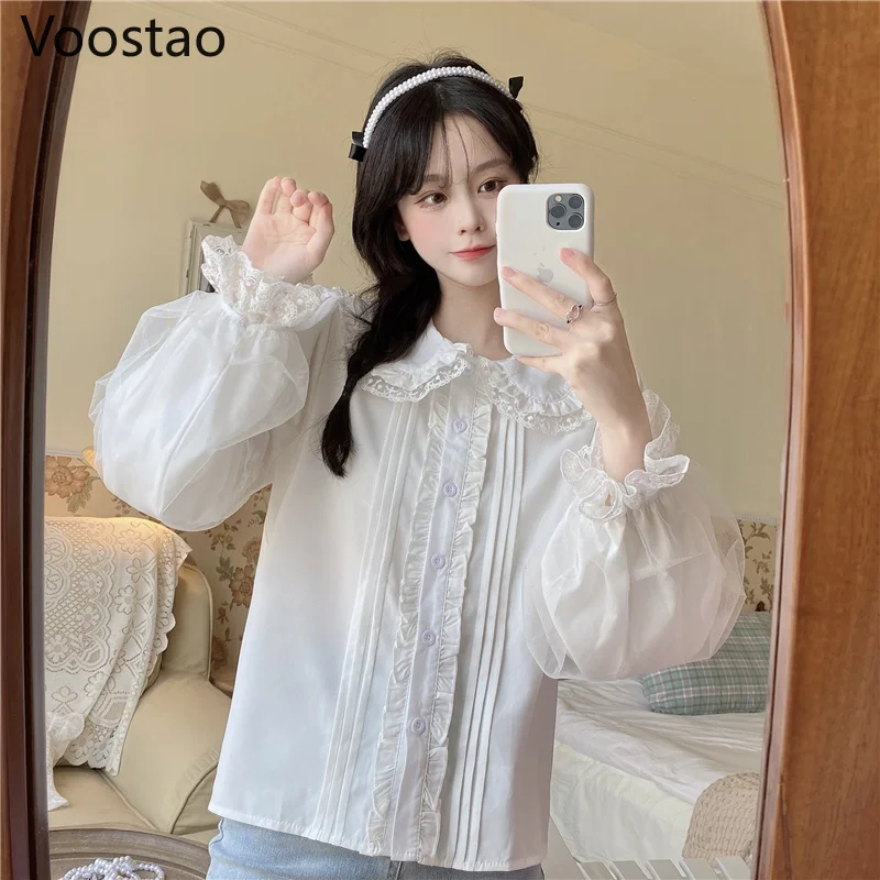 Japanese Sweet Lolita Style Blouses Girls Cute Lace Ruffles White JK Shirts Women Preppy Chic Kawaii Long Sleeve Blusas Mujer