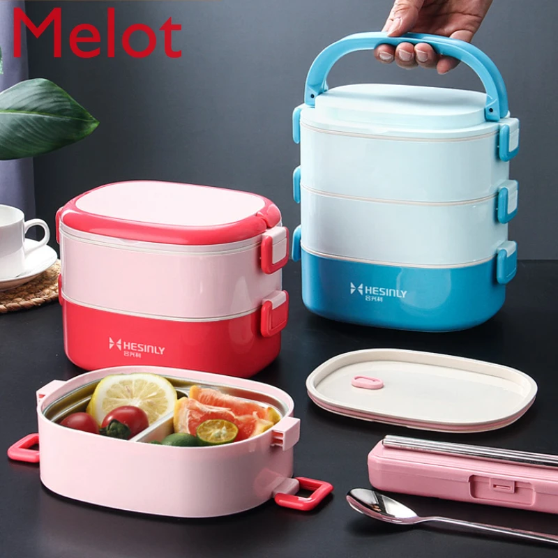 Stainless Steel Insulated Lunch Box Microwave Oven Heating Portable 3-Layer 2-Compartment with Tableware