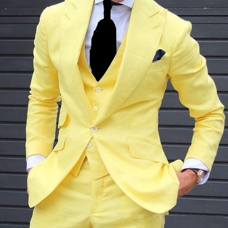 Yellow Slim Fit Prom Suits for Men 3 Piece Set  Jacket with Pants Vest Latest Coat Casual Design Male Fashion Smoking Clothes