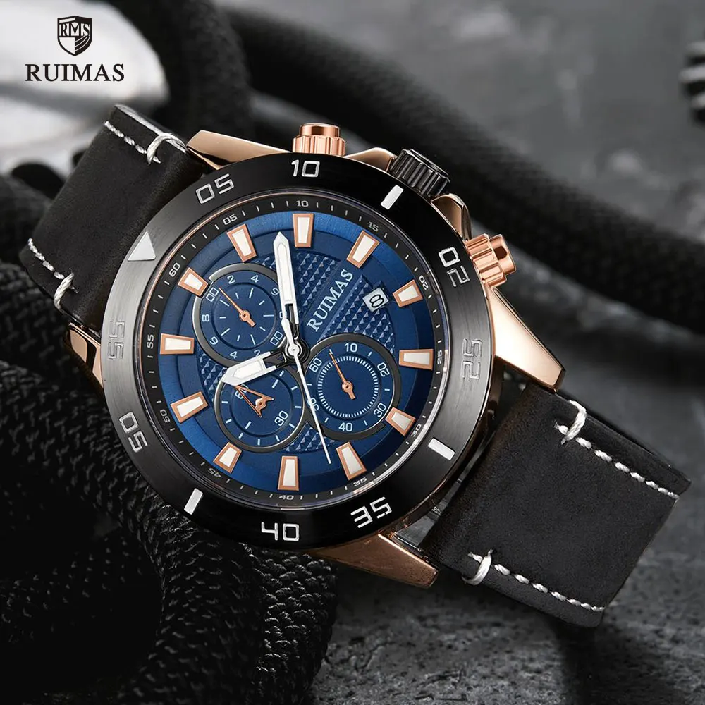 

RUIMAS Men Chronograph Watches Luxury Military Sports Quartz Watch Man Waterproof Leather Strap Wristwatch Relogio Masculino 572