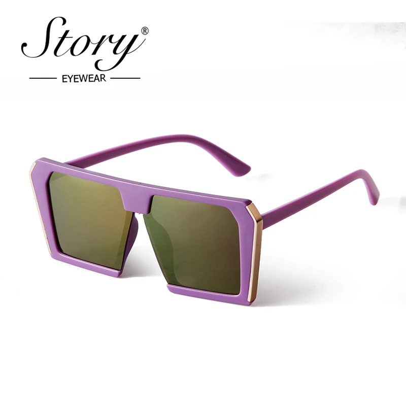 STORY Vintage Oversized Square Sunglasses Women Men 2020 Brand Design Retro Metal Edges Purple Mirrored Sun Glasses S2033B