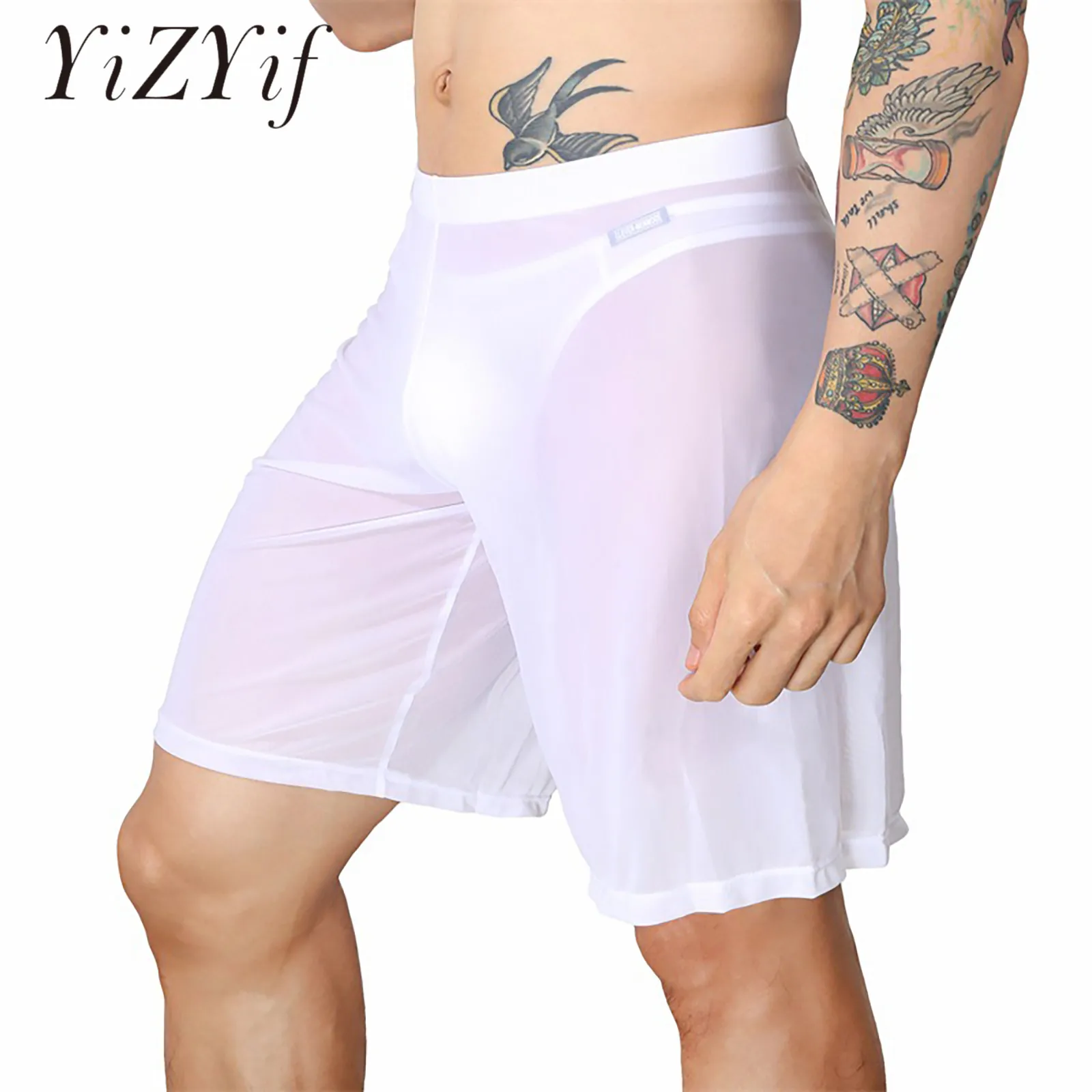 White Mens Clubwear Pure Color Elastic Waistband See-through Mesh Casual Shorts Sleeping Shorts Underwear