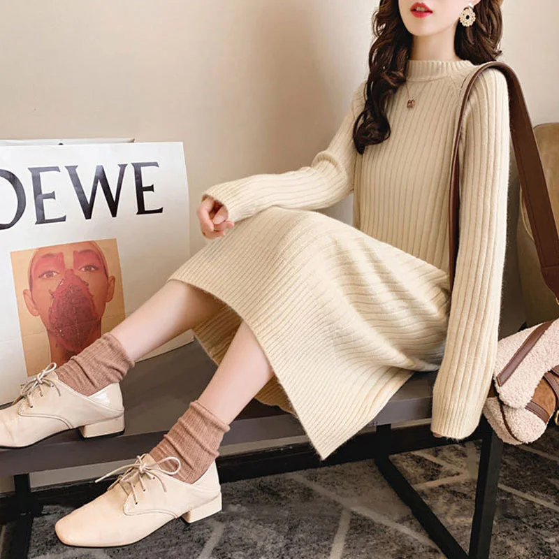 Female Autumn Winter Thick Maxi Sweater Skater Dress Women O-Neck Long Sweater Dresses Elegant Loose Knitted Pullovers Dress