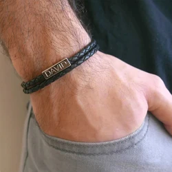 Personalized Leather Bracelet, Men's Engraved Bracelet, Black Engraving, Men's Custom Bracelet, Boyfriend Gift, Husband Gift