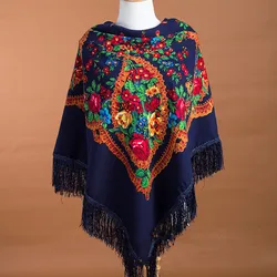 135*135cm Russian Scarf Ethnic Style Women Head Wraps Hijab Babushka Ukrainian Square Scarves Retro Floral Print Fringed Scarf