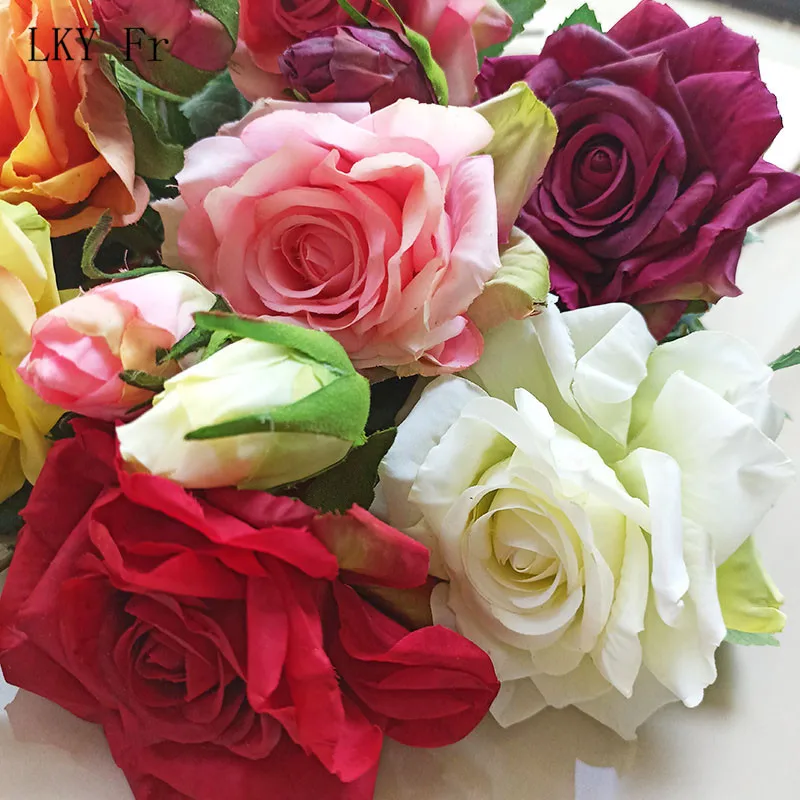 LKY Fr Wedding Bouquet Roses Artificial Flowers DIY Bride Bridesmaid Accessories Silk Real Touch Roses Marriage Table Decoration