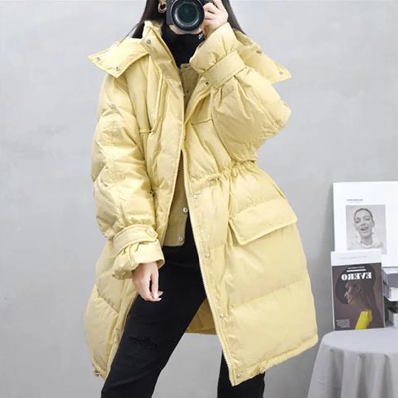 

Nice Winter Hooded Down Long Jackets Women Waist Retractable Outwear Loose White Duck Down Coat Solid Thick Warm Feather Parkes