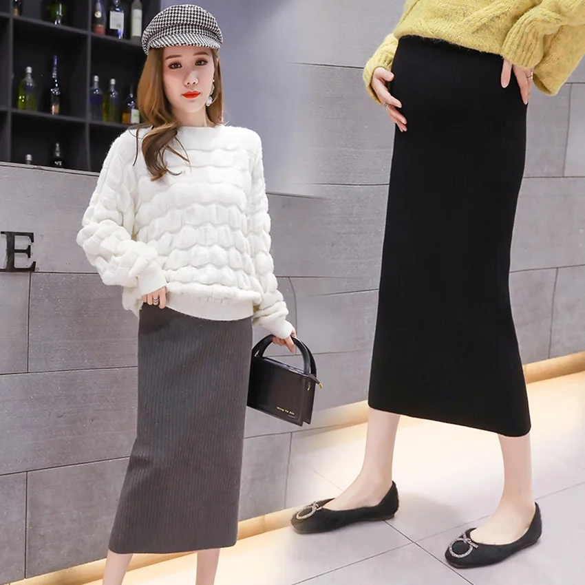 Maternity wear Half body skirt autumn and winter knit bag hip step skirt long section pregnant women stomach lift wool skirt tid