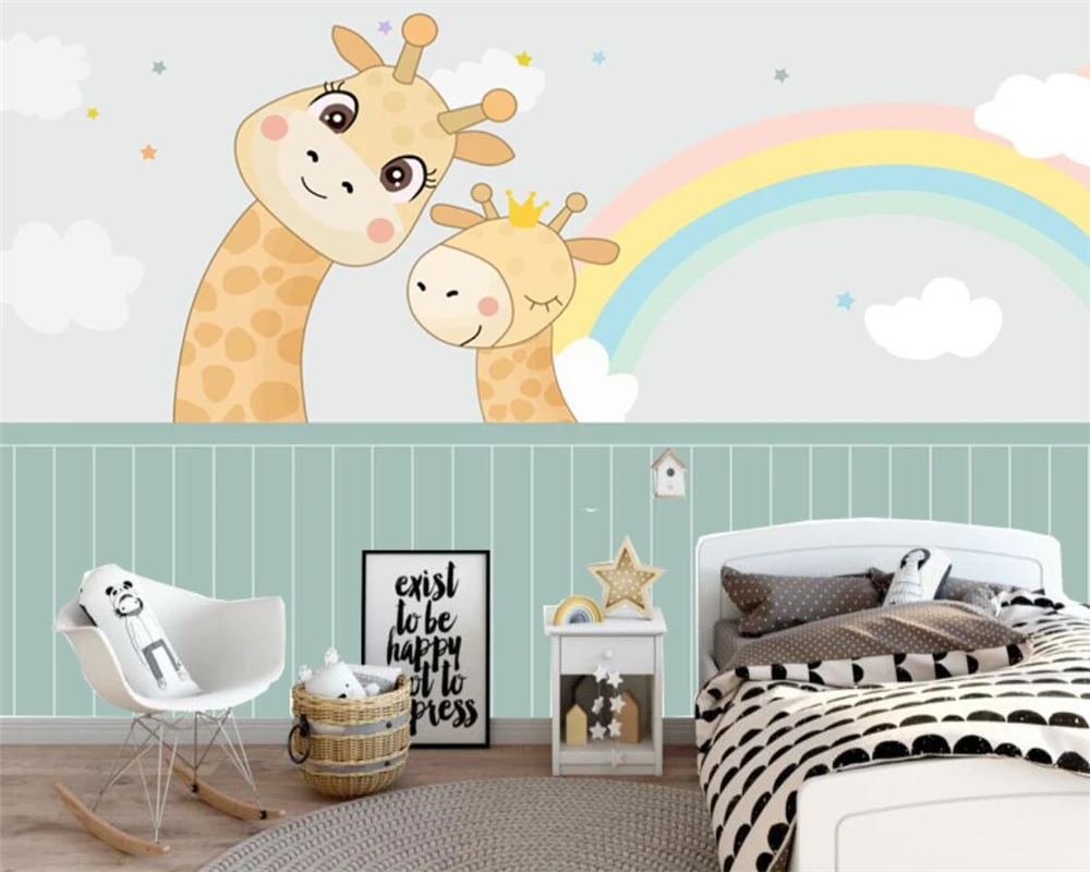 Custom size mural cartoon animals Tropical plants decorative paintings for children giraffe elephant animals 3d wallpaper photos