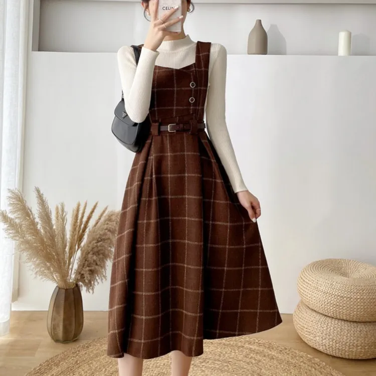 Vestido de malha preta feminino, moda feminina, suéter, top, xadrez, tweed, fino, grande balanço, vestido Midi, outono, inverno, conjunto de 2 peças