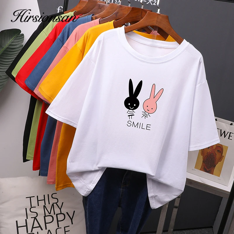 Hirsionsan Cartoon Printed Cotton T Shirt Women 2025 New Hot Korean Kawaii Short Sleeve Tshirts O Neck Tees Casual Girls Tops