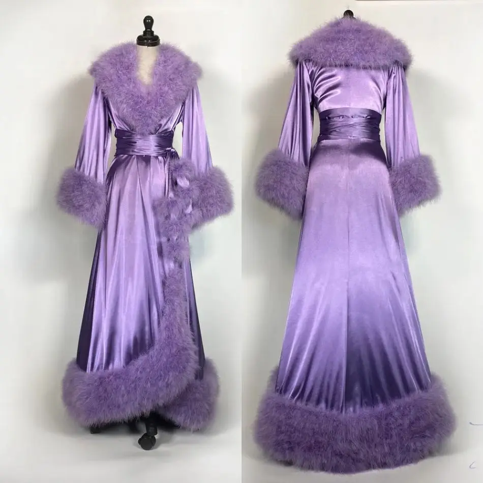 Purple Bathrobe Evening Dresses Feather Elastic Silk Nightgown Pajamas Sleepwear Lingerie Women Occasions Gowns Housecoat Shawl