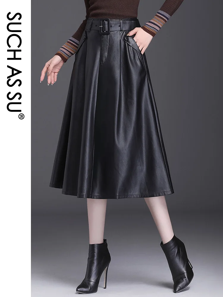 SUCH AS SU 4 Colors Available Autumn Winter New Arrival Ladies Skirts Pockets Pleated High Waist Leather Size Women Skirts