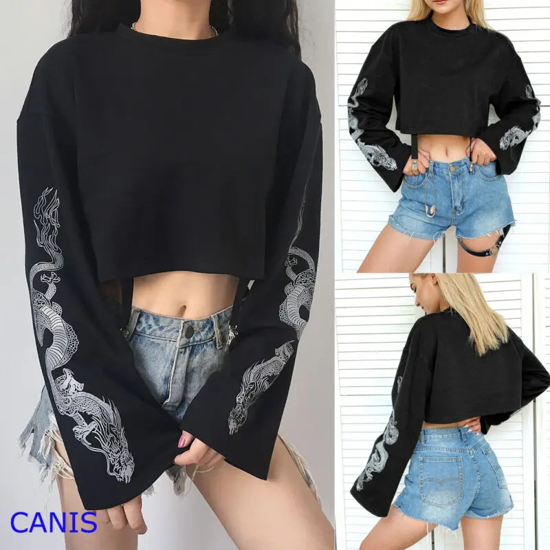 Women Long Sleeve Sweatshirt Jumper Crop Top Printing Pullover Tops