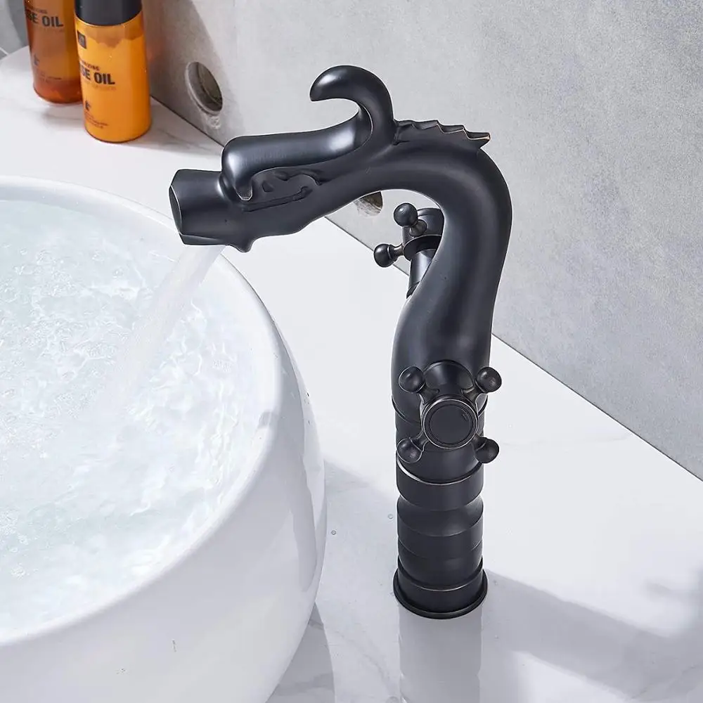 IMPEU Dragon Shape Bathroom Sink Vessel Faucet, Dual Handle Mixer Tap, Black color, Brass Material, Oil Rubbed Bronze