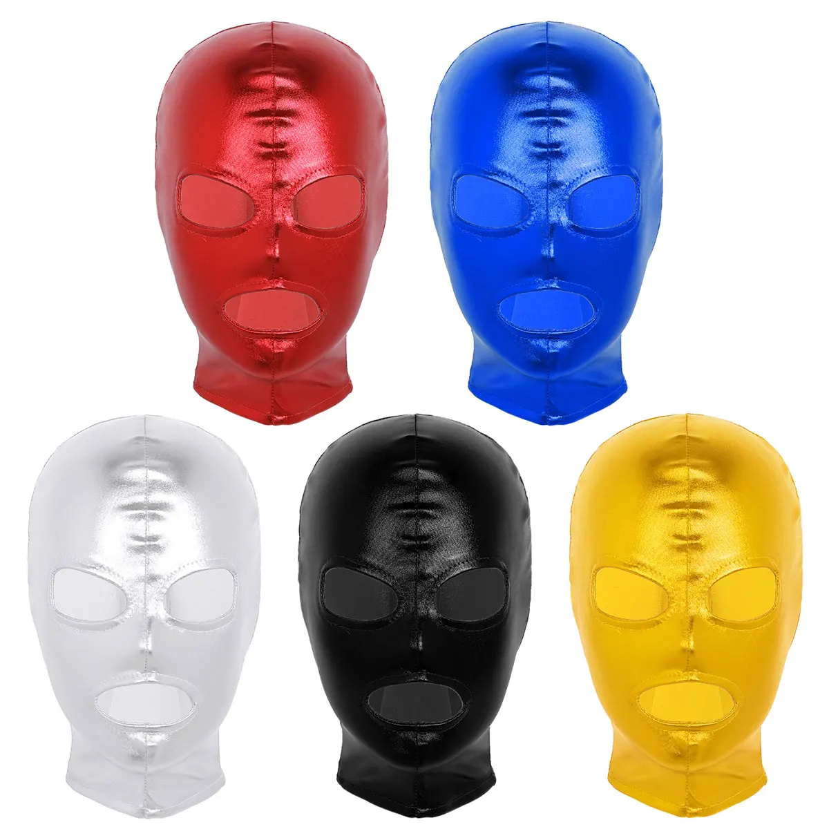 Unisex Mens Womens Latex Shiny Metallic Open Eyes Mouth Headgear Full Face Mask Hood for Role Play Costume