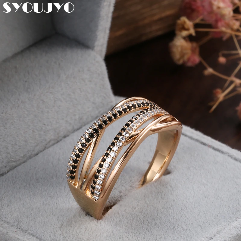 Anéis de linha dupla para mulher, cor dupla, zircão natural, ouro rosa, branco e preto, design moderno, joias da moda, 585