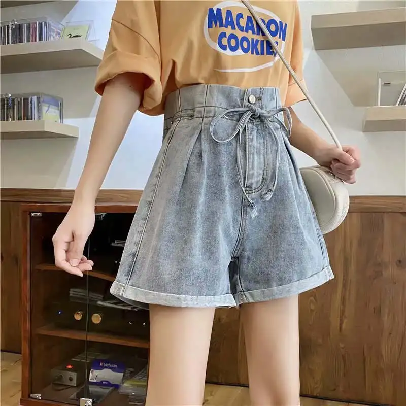 S-5XL Plus Size Vintage Denim Shorts Women Lace Up Streetwear Washed Shorts Jeans Fashion High Waist Casual Summer Shorts C7353