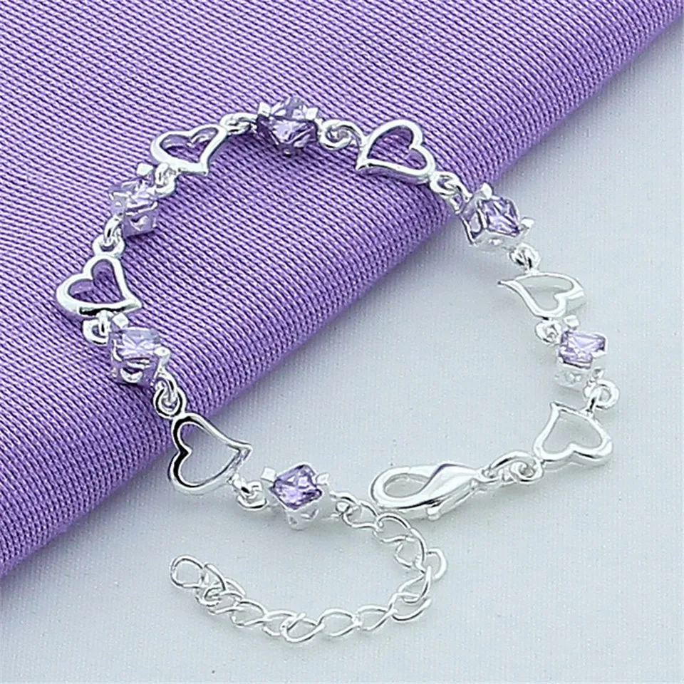 2024 Fashion Cubic Purple Crystal Heart Bracelet for Women Love Gift 925 Silver Bracelet Jewelry