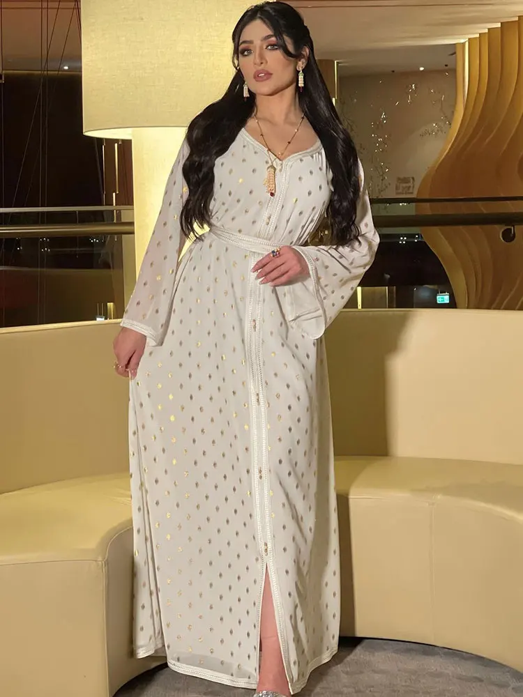 Gold Dot Abaya Arab Evening Kaftan Moroccan Party Caftan Women Long Dresses+Inner Slip Dress Muslim Dubai Saudi Jalabiya Wedding