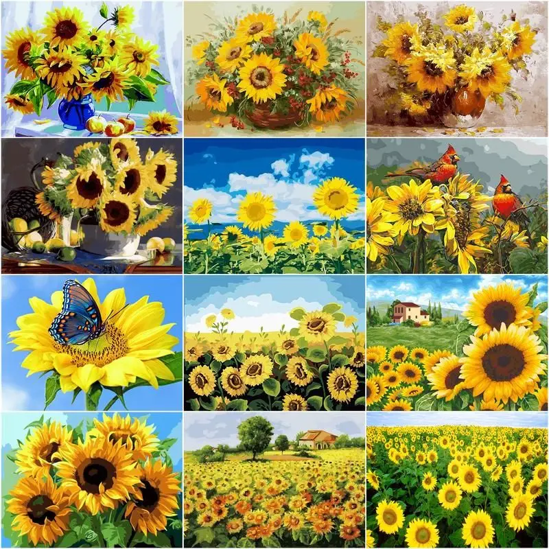 

CHENISTORY Oil Paint By Numbers Sunflower For Adults DIY Drawing Canvas Handpainted Pictures By Number Flower Home Decoration