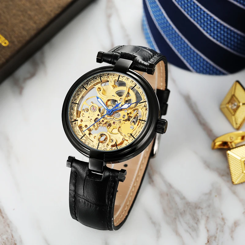 Forsining Gold Skeleton Wristwatches Black Blue Pointer Black Genuine Leather Belt Automatic Watches for Men Transparent Watch