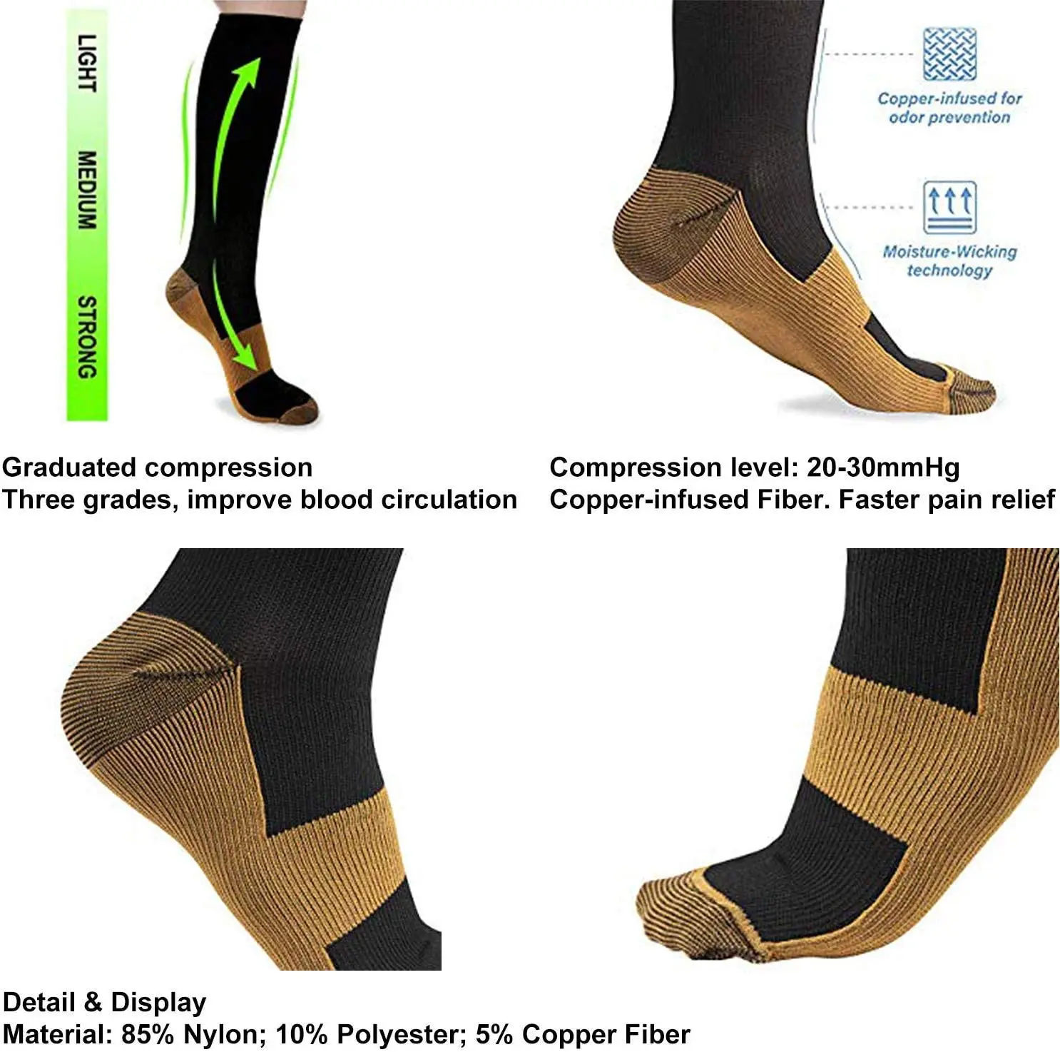 Copper Compression Socks Men Women Anti Fatigue Pain Relief Knee High Stockings 20-30 mmHg for Running Athletic Pregnancy XXL