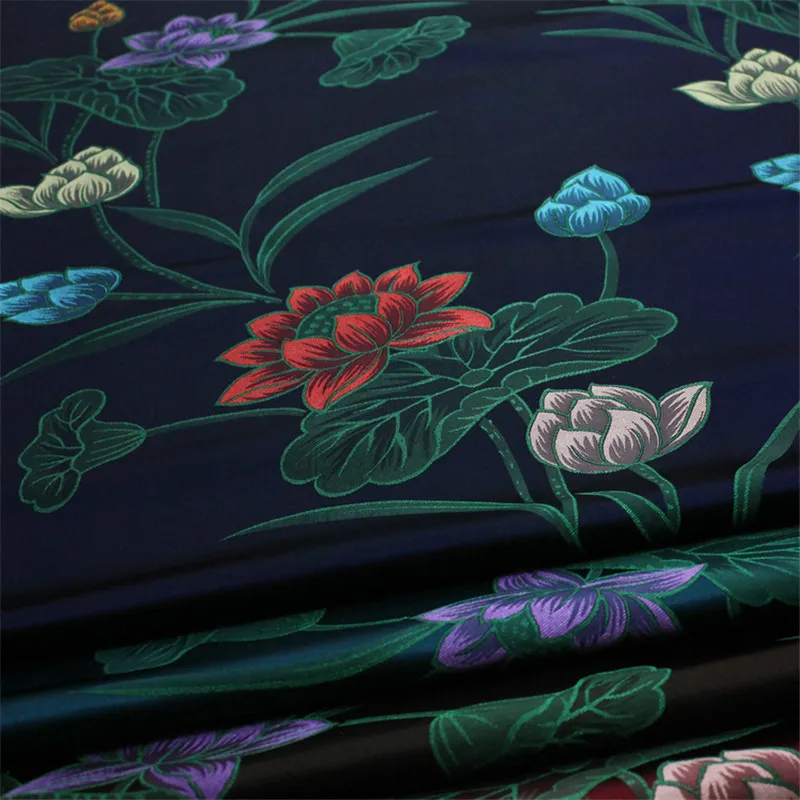 CF941 Lotus Jacquard Silk Brocade Fabric, DIY Materials for Sewing, Chinese Clothing Costumes, Blue, Black, Berry Red