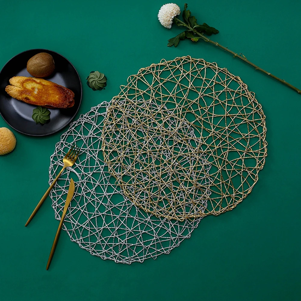 38cm Rural Table Hollow Mat Round Woven Dining Placemat Pads Dinnerware Cup Coaster Gold Silver