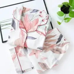 2024 Spring Leaves Printed Women's Pajamas Cotton Plus Size Home Suit Brief Fashion Long Sleeve Home Clothes Female Sleepwear