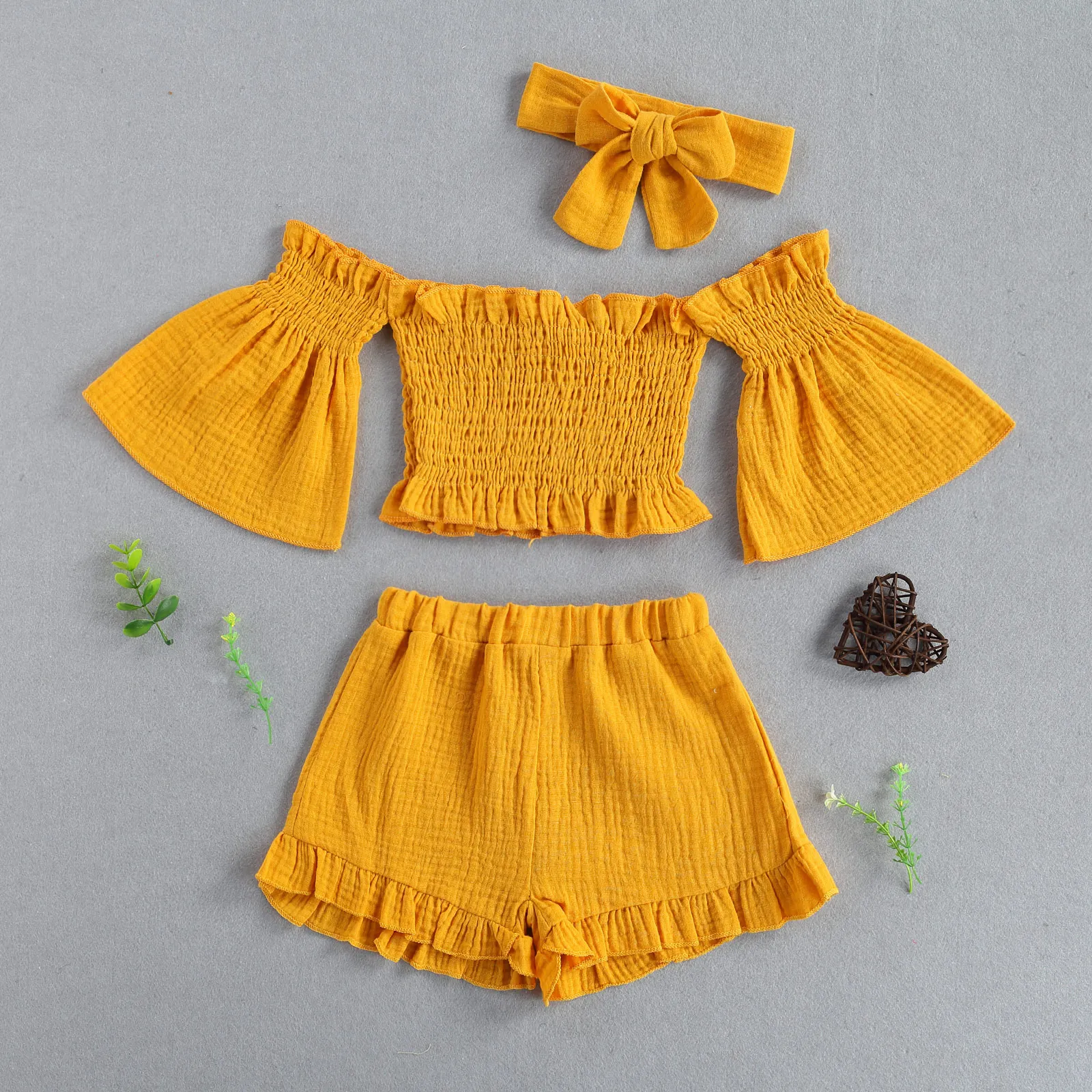 2021-02-27 Lioraitiin 3Pcs Set 1-6Years Toddler Baby Girl Summer Fashion Clothing Long Sleeve Solid Top Shirt Shorts Headband