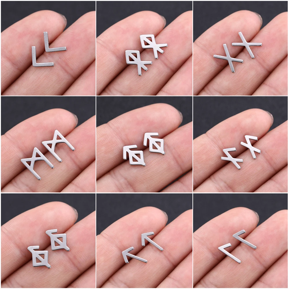 Viking Futhark Runes Stud Earrings Stainless Steel Earring for Women Men Amulet Nordic Vintage Jewelry Ear Accessories Aretes