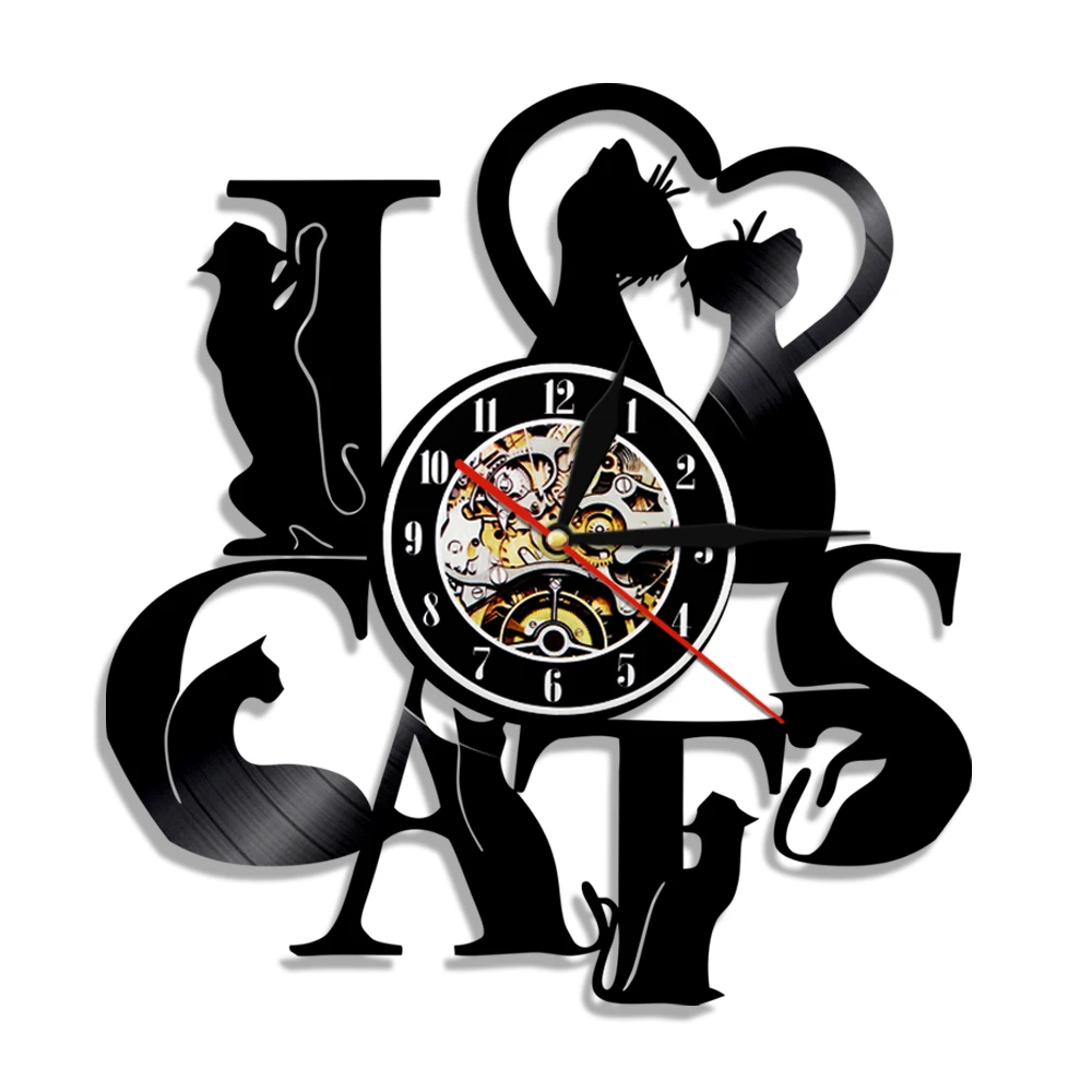 Cats Vinyl Record Wall Clock Kitty Kitten Retro Clock Black Cute Cats 3D Hanging Watches For Pet Shop Decor Pussy Lover Gifts
