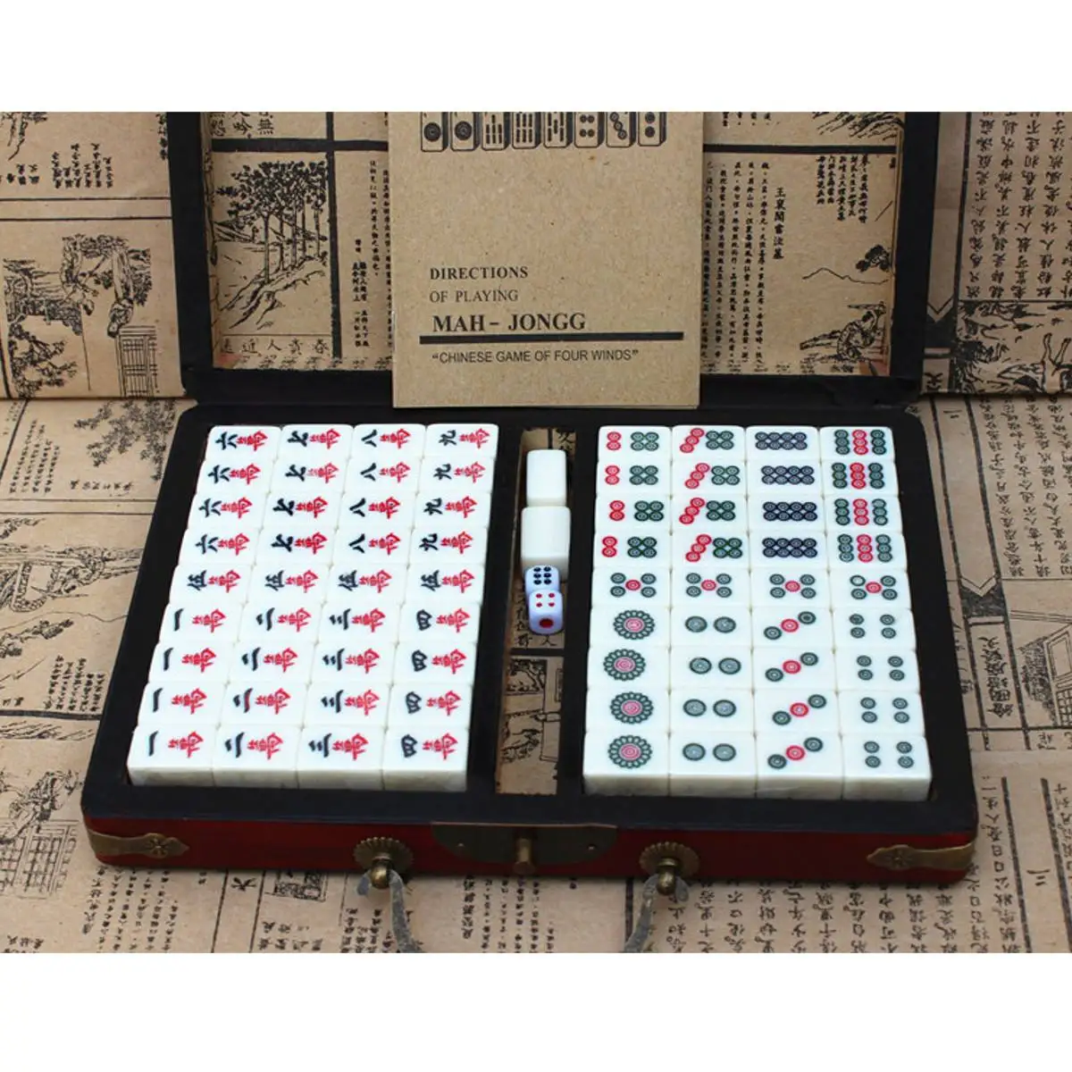 Vintage 144 Ubin Mahjong Cina Nomor Mahjong Set Mahjong Set Portable Cina Mainan Pesta Permainan Judi papan dengan Kotak