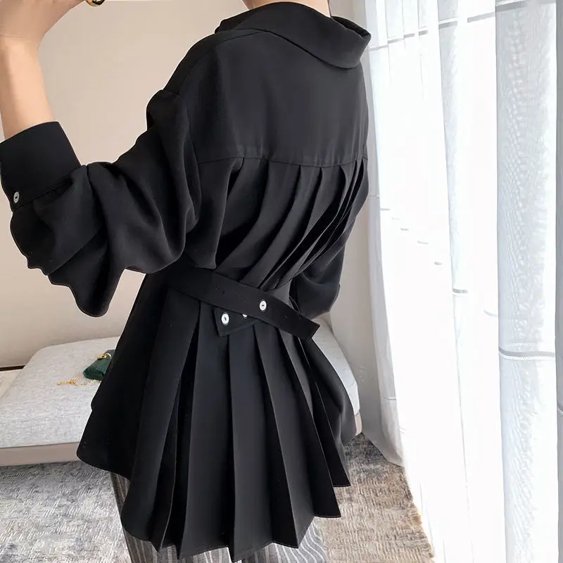 

Office Lady Shirt 2021 Elegant Fashion Chiffon Blouse Long Sleeve Solid Color Pleated Slim Waist Collar Tops Temperament Clothes