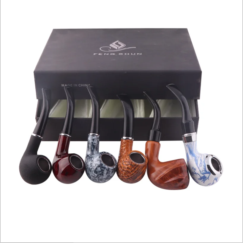 New Traditional Style 6Pcs/Set Class Style Tobacco Smoking Pipe Wood Resin Filter Holder with Gift Box