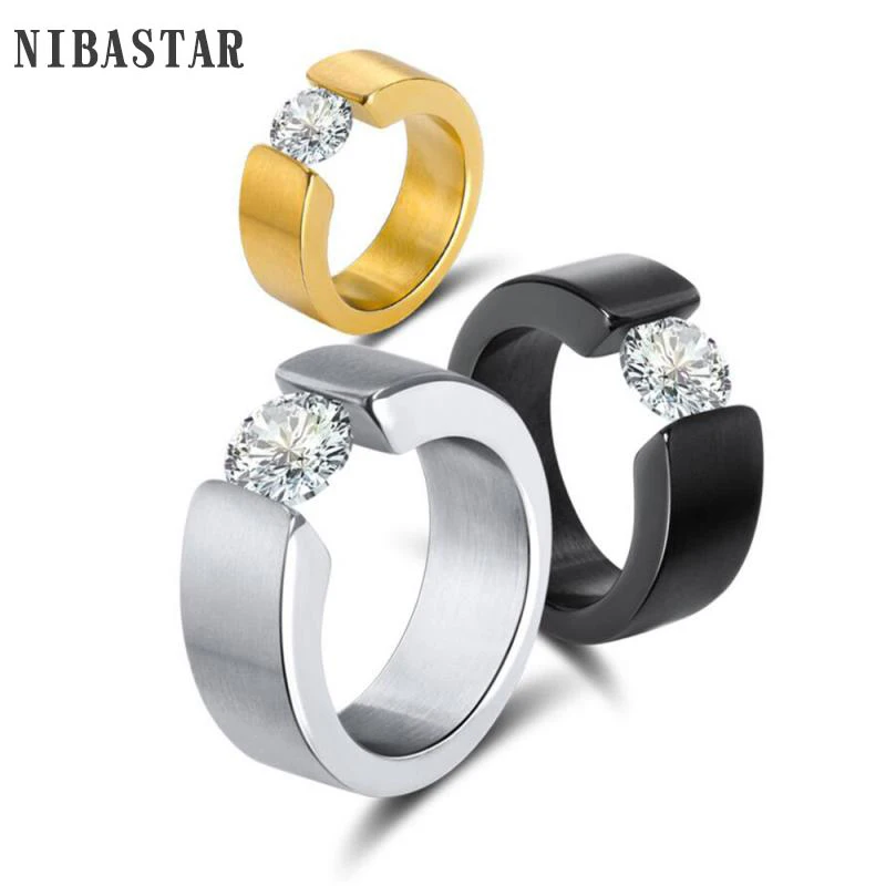 Fashion Jewelry Tension Setting Round Zircon Rings for Men Women Black Gold-Color Stainless Steel Ring for Parties