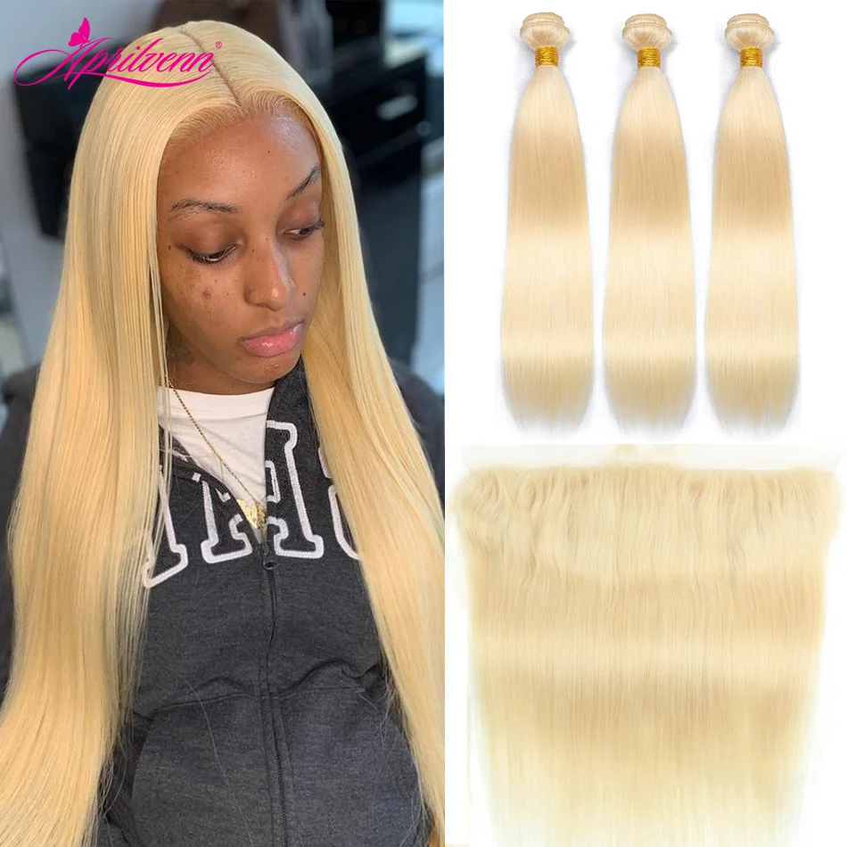 

Aprilvenn 613 Blonde Straight Brazilian Hair Weave Human Hair Bundles With Frontal 3 4 Remy Hair and a Lace Frontal Closure