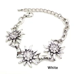 Fashion Vintage Silver Color Edelweiss Bracelets Women Shiny Rhinestone Flowers Bangles Adjustable Chain Lobster Clasp