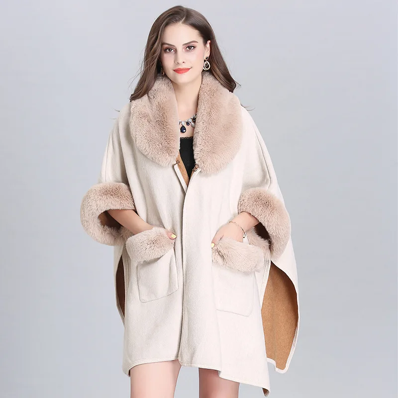 8 Colors Women Winter Faux Fox Fur Collar Poncho New Plus Size Batwing Sleeve Long Cardigan Streetwear Loose Warm Cloak Coat