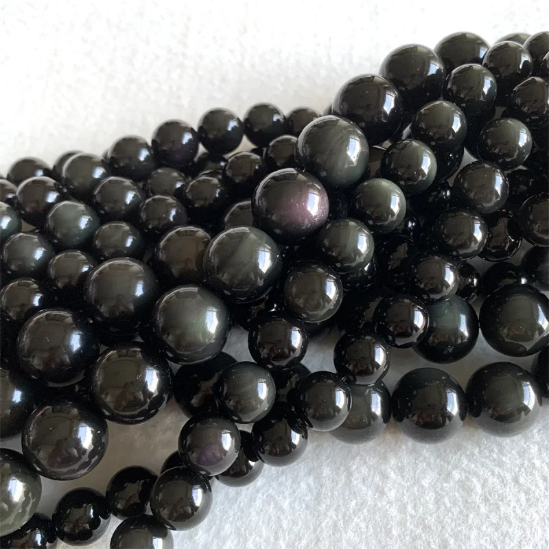 Natural Genuine Black Rainbow Flash Light Obsidian Round Beads 4-20mm 15