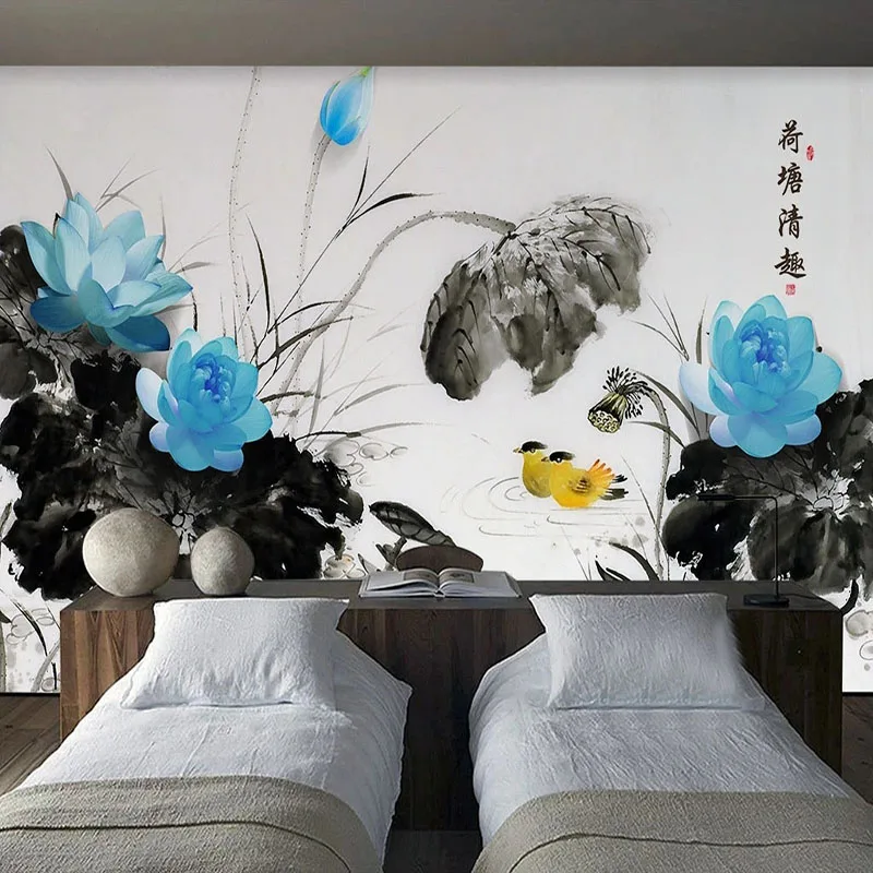 Custom Photo Wallpaper Chinese Style 3D Artistic Conception Colorful Ink Lotus Landscape Mural Living Room TV Sofa 3D Home Decor