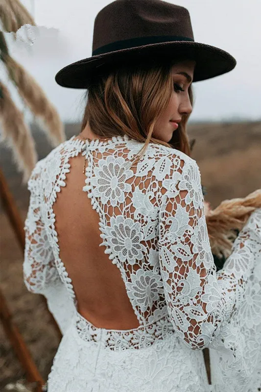 French Macrame Lace Wedding Dresses with Long Bell Sleeves 2021 V-neck Backless Bohemain Country Beach Hippie Bride Dress